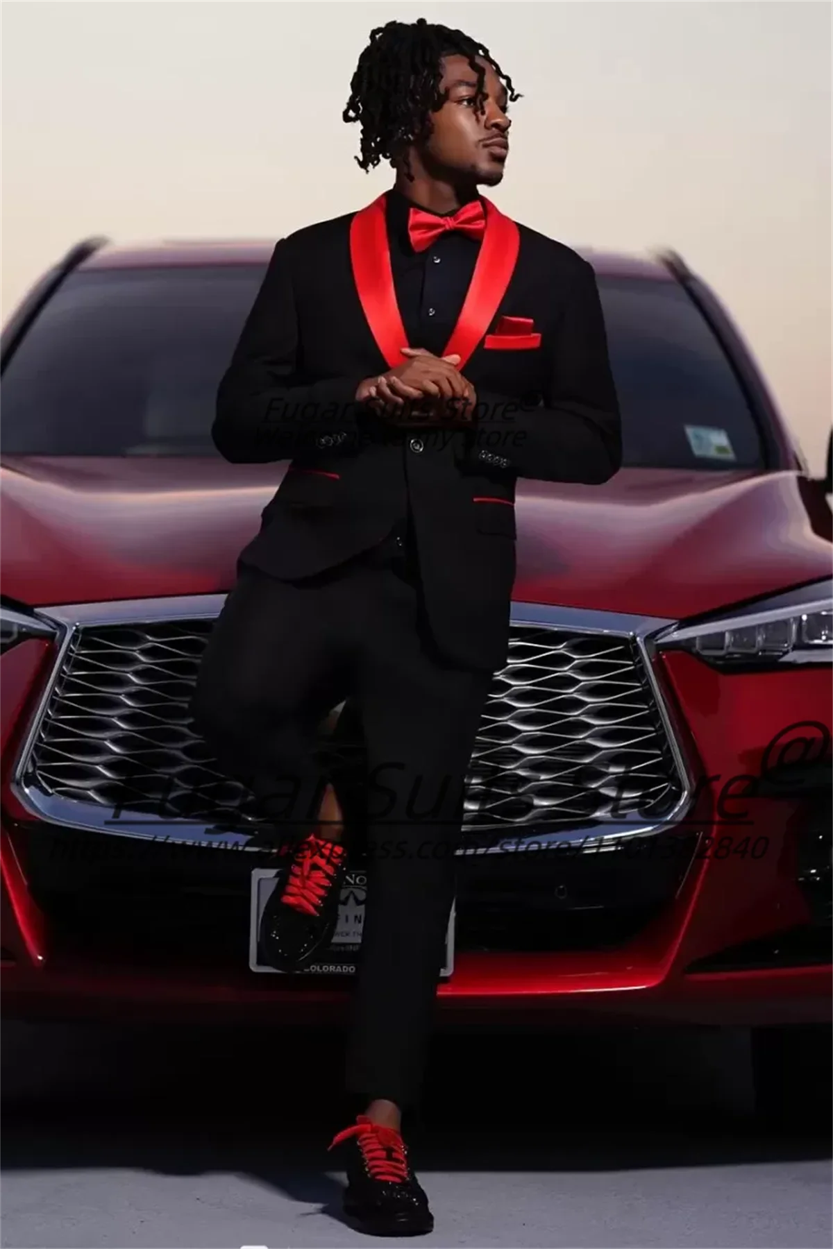 

Индивидуальные элегантные черные мужские костюмы для выпускного вечера, роскошные приталенные смокинги с красным шалевым воротником для жениха, свадебные костюмы из 2 предметов, мужские пиджаки для вечеринок