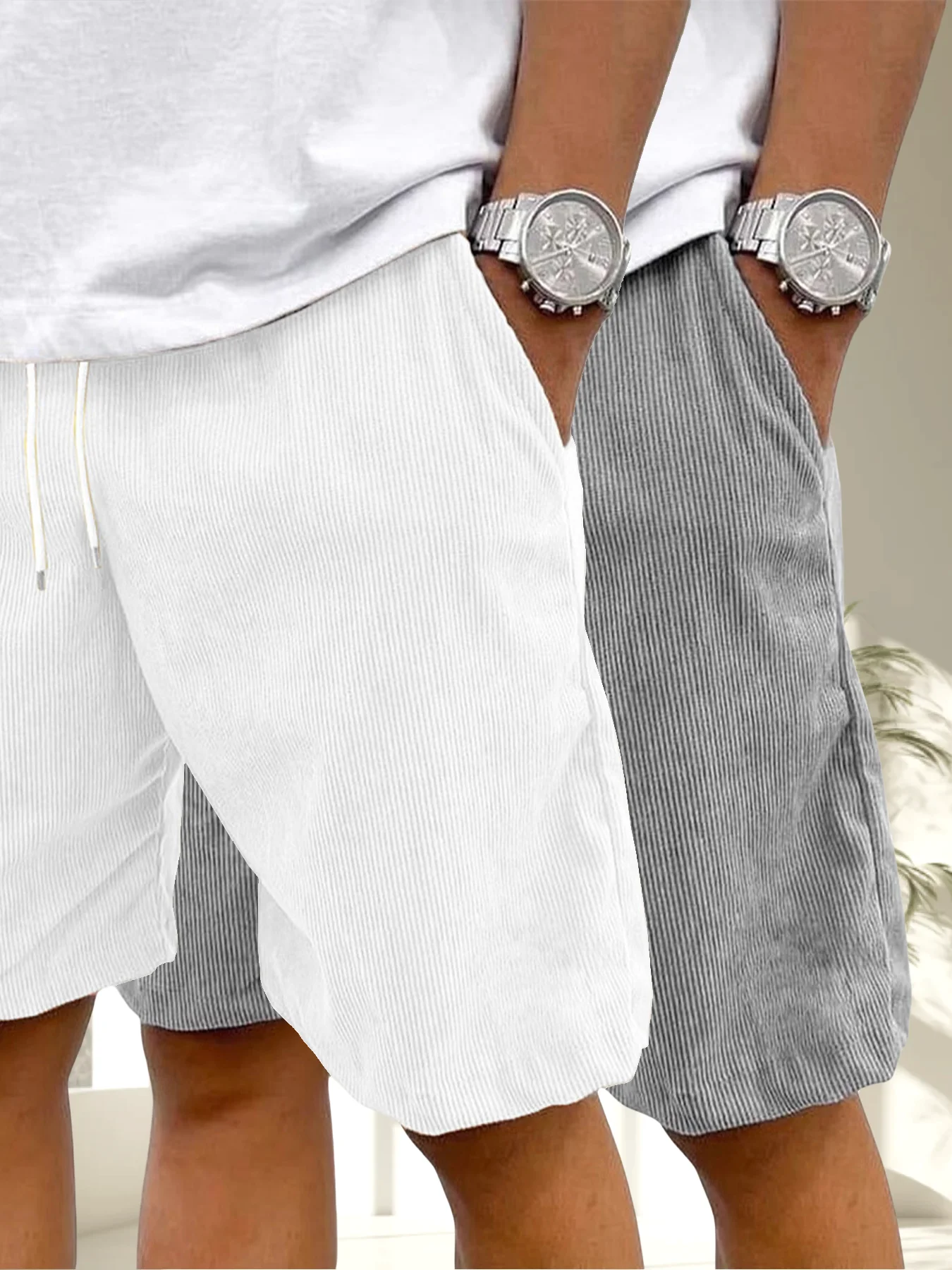 

Мужские вельветовые брюки с прямыми штанинами пять четвертей, мужские однотонные шорты из двух предметов, свободные тонкие мужские повседневные летние брюки