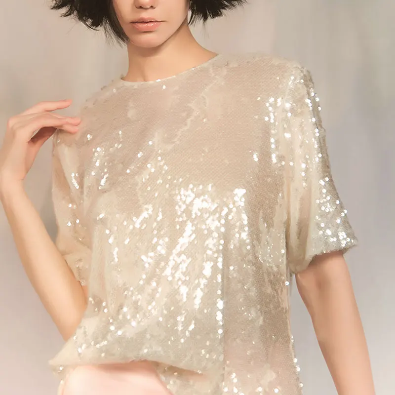 Shiny Sequin Women\'s T-shirt Summer Short Sleeve Loose Fashion round Neck Flashing Stylish Small Shirt Commute Style Pure Color