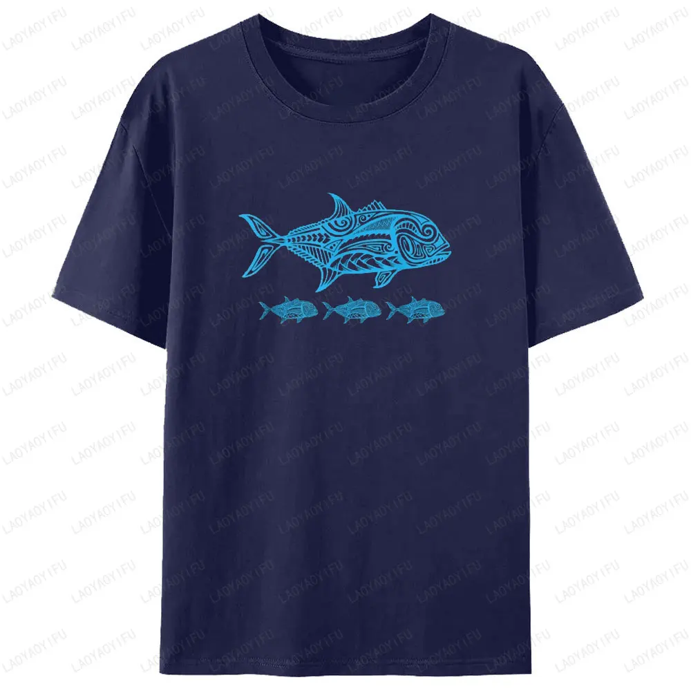 Fishing Native Hawaiian Tribal T-Shirt Funny Printed T-shirt Tops Men Clothing Graphic T Shirts Fish Enthusiast Unisex Tee