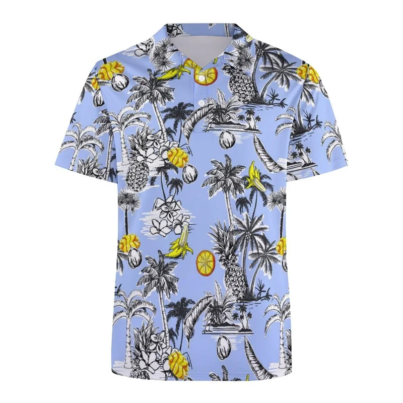 Hawaiian Tropical Plant Pattern Polo Shirt For Men Summer 3D Print Flower Short Sleeves T-shirt Street Button Loose T Shirts