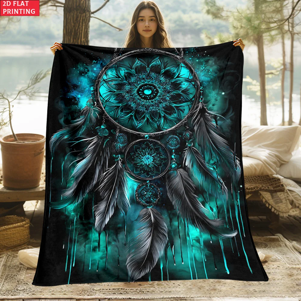 1pc Teal Dreamcatcher HD Digital Print 2D Flat Flannel Blanket. Soft and Warm Flannel Blanket, Suitable for Travel, Camping, Sof