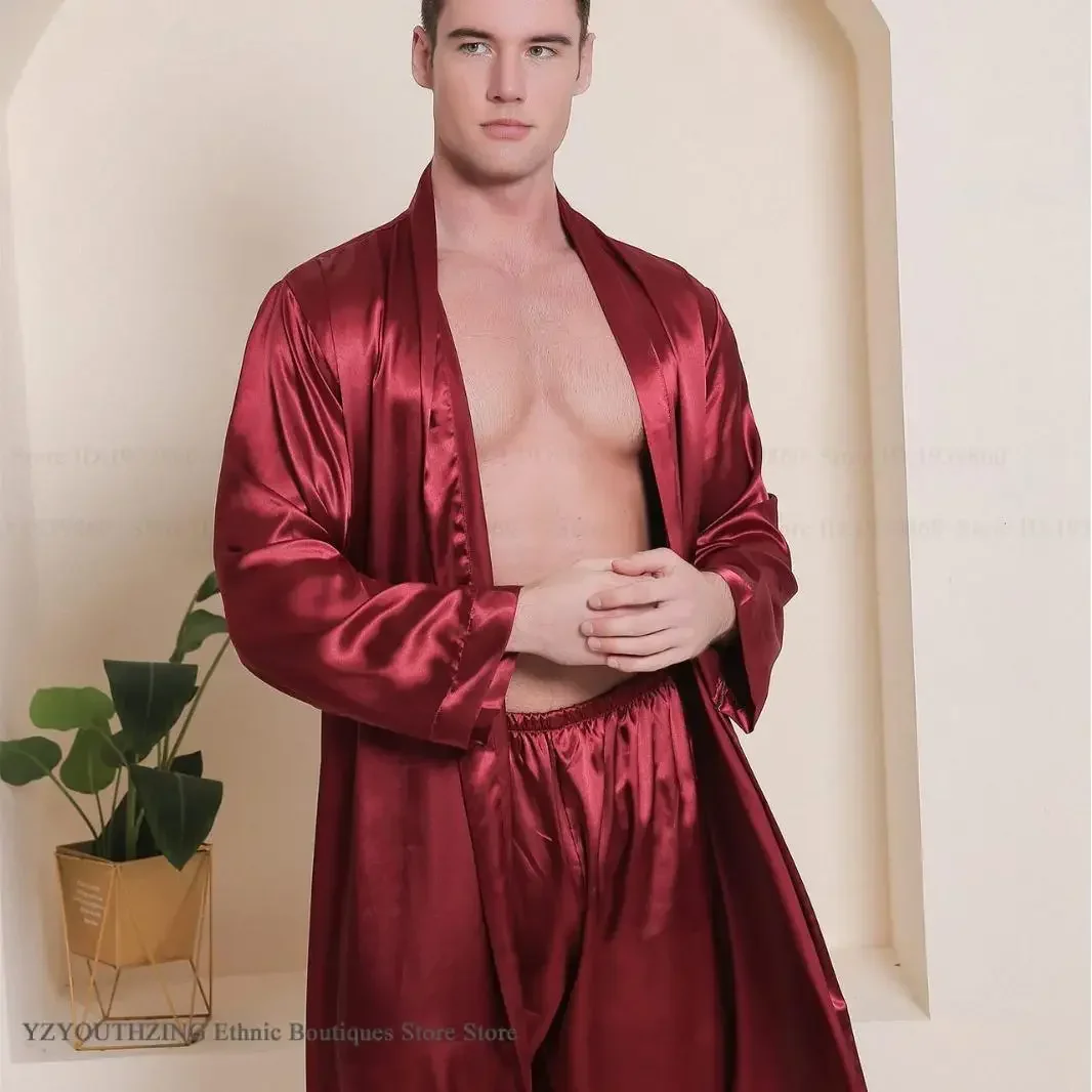 Silky Burgundy Satin Bathrobe Robe Shorts Set Kimono Gown Loose Casual Home Clothes Spring Autumn Male 2Pcs Loungewear Sleepwear