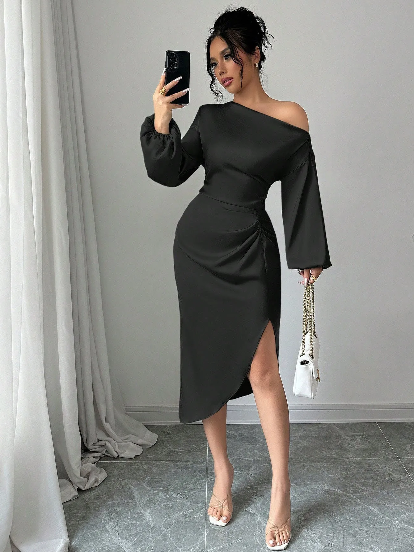 Prom Dress Wedding Guest Party Off Shoulder Puff Sleeve Dresses Solid Black Wrap Detail Evening Dress Side Slit Maxi Dress - view 5