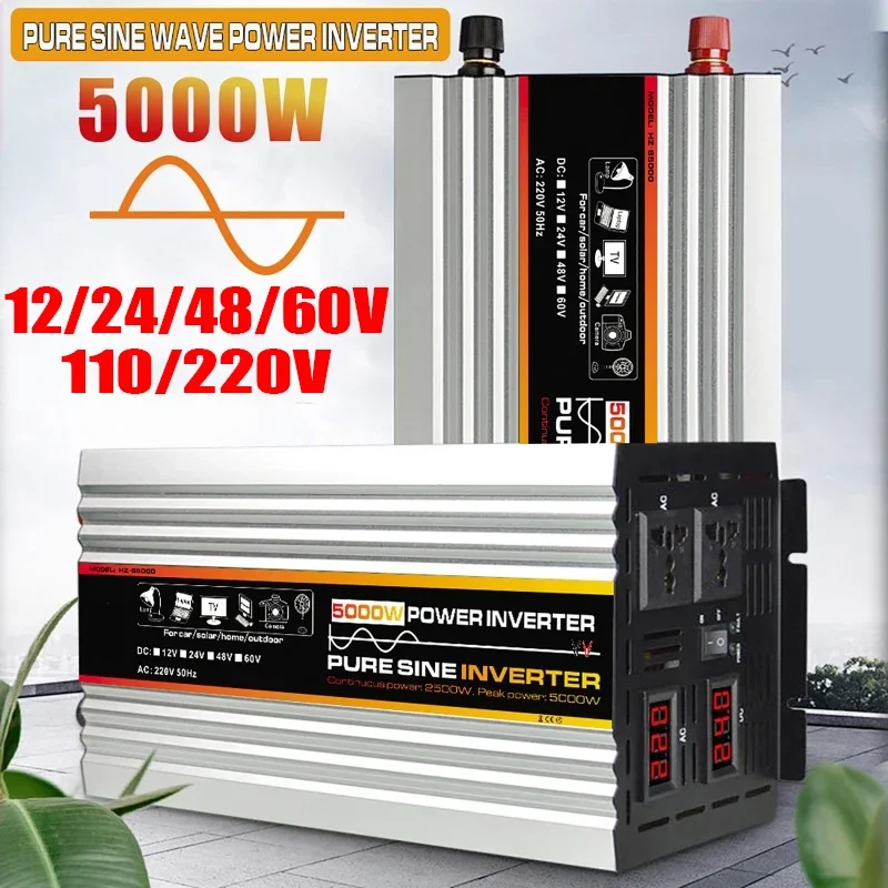 5000W Pure Sine Wave Power Inverter Digital Display Solar Inverters 12/24/48/60V 50HZ TO 110/220V Voltage Converter Transformer