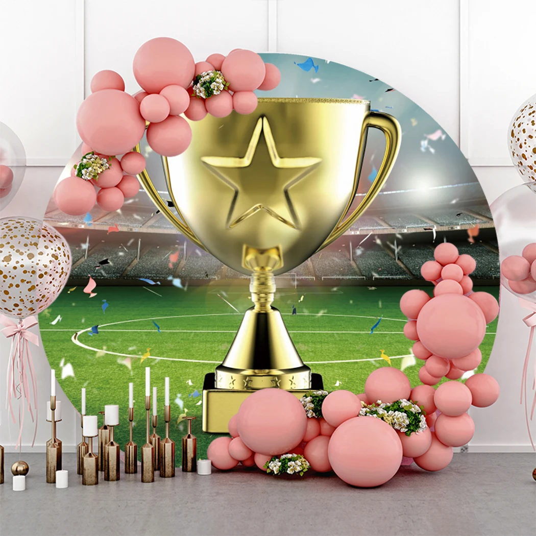 Soccer Champion Backdrop Photo Soccer Field Sports Match Trophy Round Background Lawn Kids Baby Shower Photocall Props