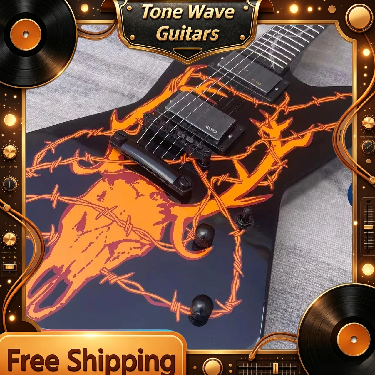 Hot New Deer Head Goose Black Background Orange Bull Bone Wire Mesh EXPa Alien Heavy Duty Electric Guitar HH Pickup Unisex