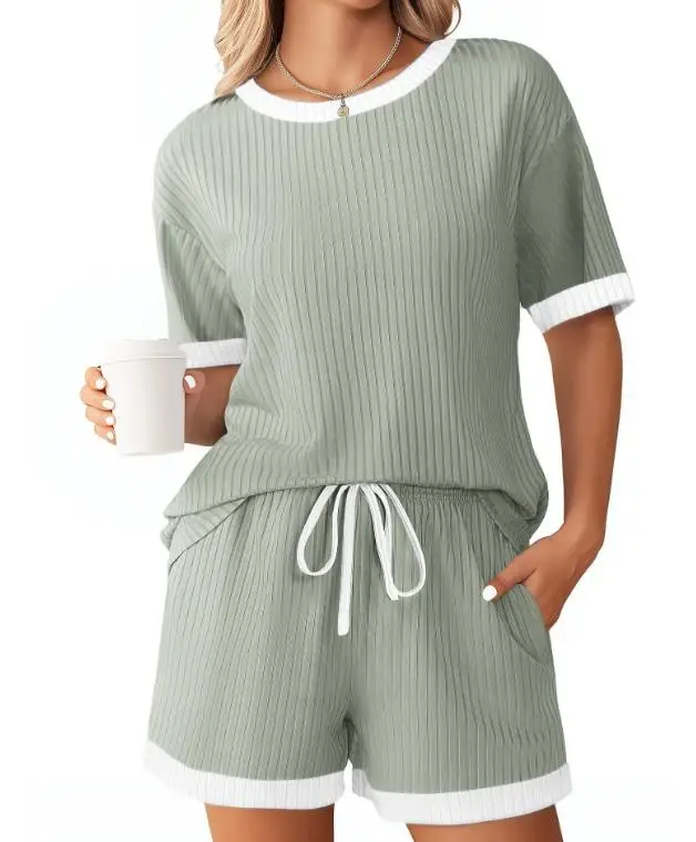 

Women's Two-Piece Set 2026 Spring and Summer New Solid Color Pit Stripe Color Blocked Pajamas Short Sleeved Home Suit Set