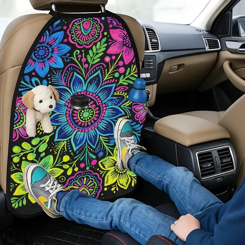 Car Seat Back Covers With Storage Pockets, Vibrant Neon Floral Mandala Print, For Car Interior Protection