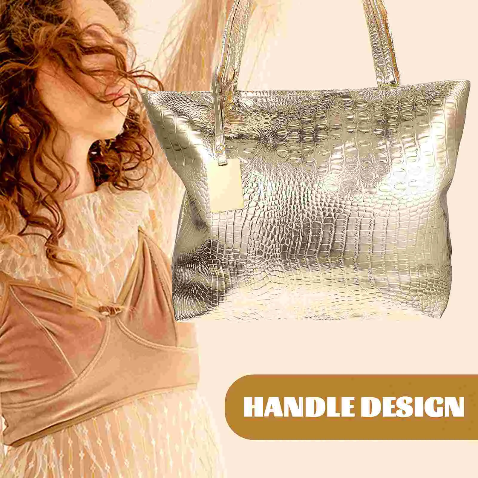 1pc Large Capacity Women Handbag Shoulder Shopping Bag Fashion Tote Bag for School Work Golden