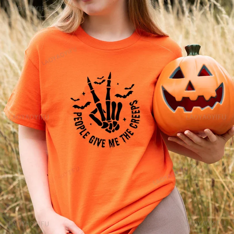 People Give Me The Creeps Funny Pumpkin Halloween Graphic T Shirts Unisex Cotton Casual T-shirt Witch Vintage Orange Tshirt Tops