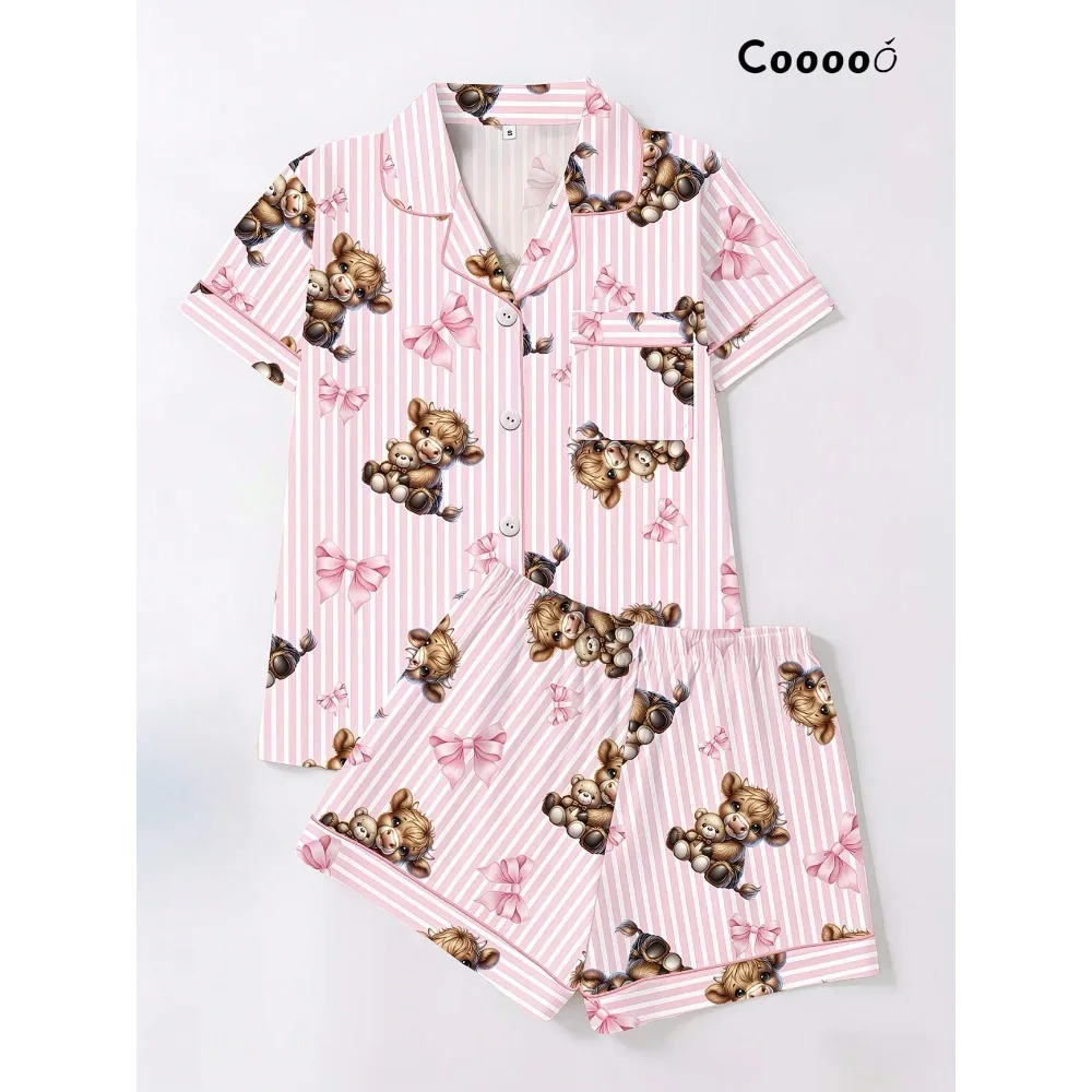 

Pink Striped Highland Cow Bow Short Sleeved Shorts Pajamas With Lapels And Buttons, Loose Elastic Shorts Suitable For Festivals, Parties, Casual Outdoor And Indoor Wear, Suitable For All Seasons