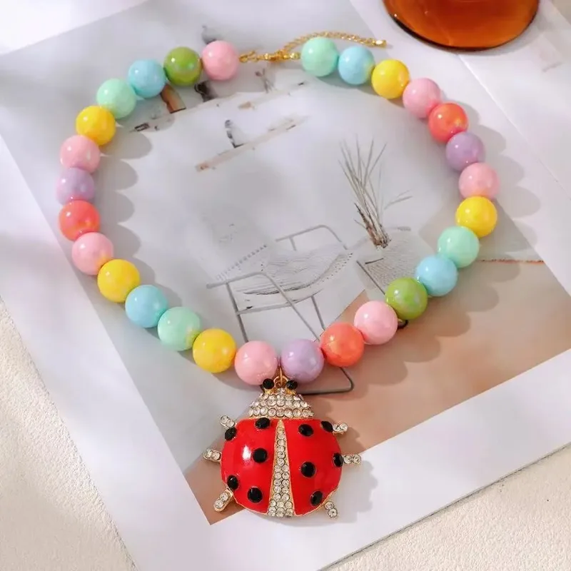 European and American Rainbow Illusion Round Beads Drip Oil Set Ladybug Pendant Necklace Clavicle Chain