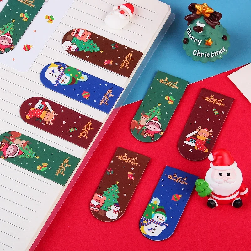 4 pcs/pack New Merry Christmas Snowman Elk Magnetic Bookmark Creative Stationery Bookmarks Page Flag School Office Supplies Gift