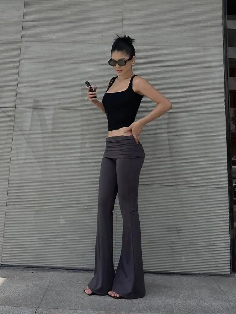Spicy Girl Sports Yoga Pleated Casual Pants Women's Summer New Solid Low Waist Lift Buttocks Slim Elastic Micro Horn Pants MXFD