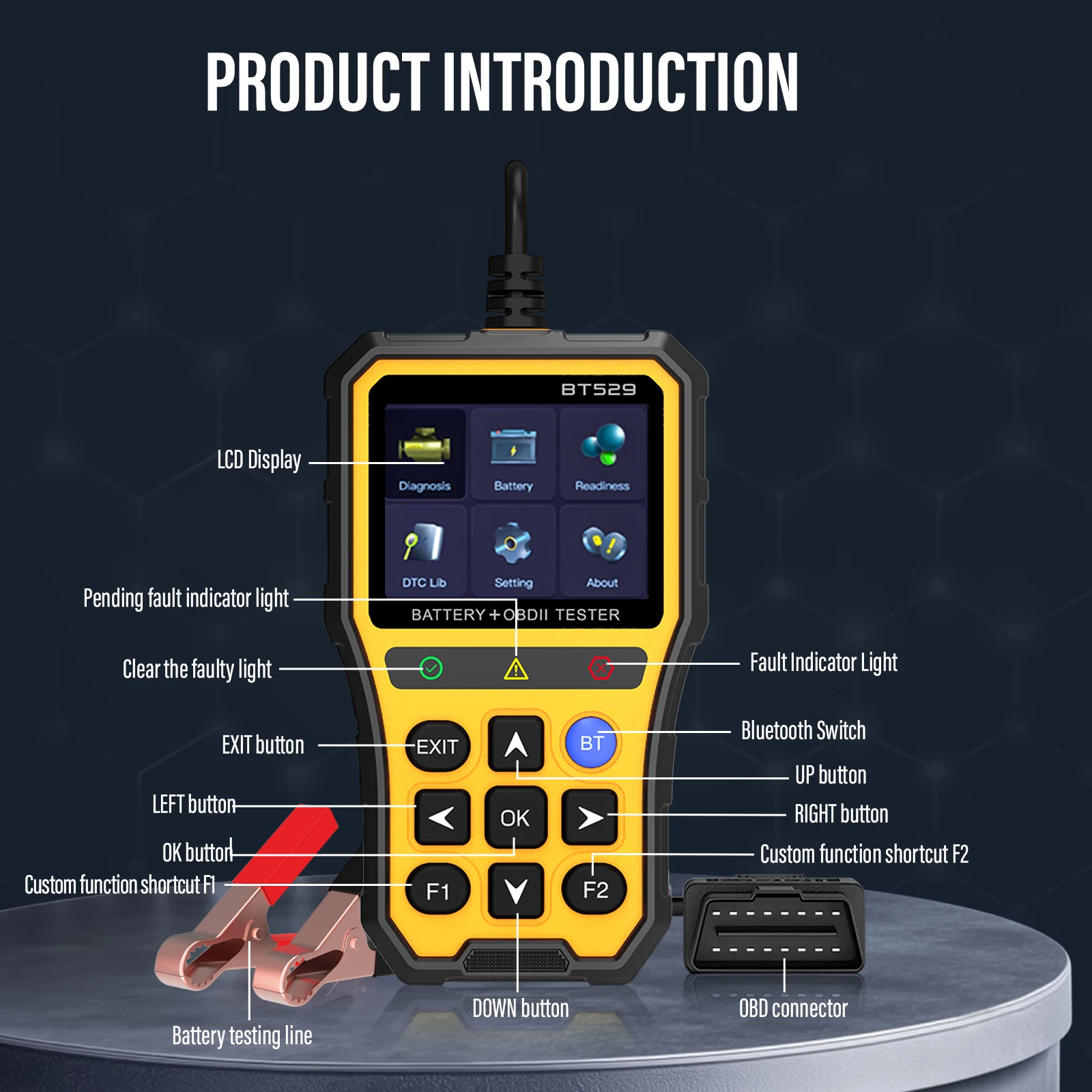 

BT529 Automotive Fault Diagnostic instrument, multi-language OBD2 scanning tool, battery tester, Engine detector