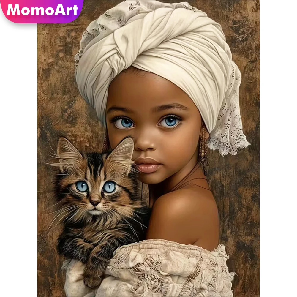 Momoart Neuerscheinung Diamant-Mosaik Mädchenporträt Charaktermuster für Erwachsene Anfänger DIY Diamantmalerei Katze Urlaubsgeschenke