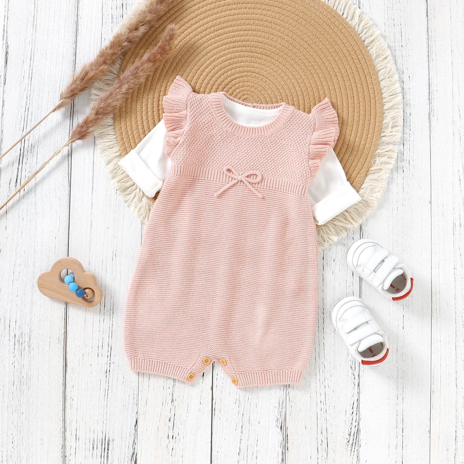 Baby Romper Cotton Knit Infant Girl Newborn Jumpsuits Sleeveless Fashion Solid Ruffles Toddler Clothes 0-18M Tie Overalls Summer