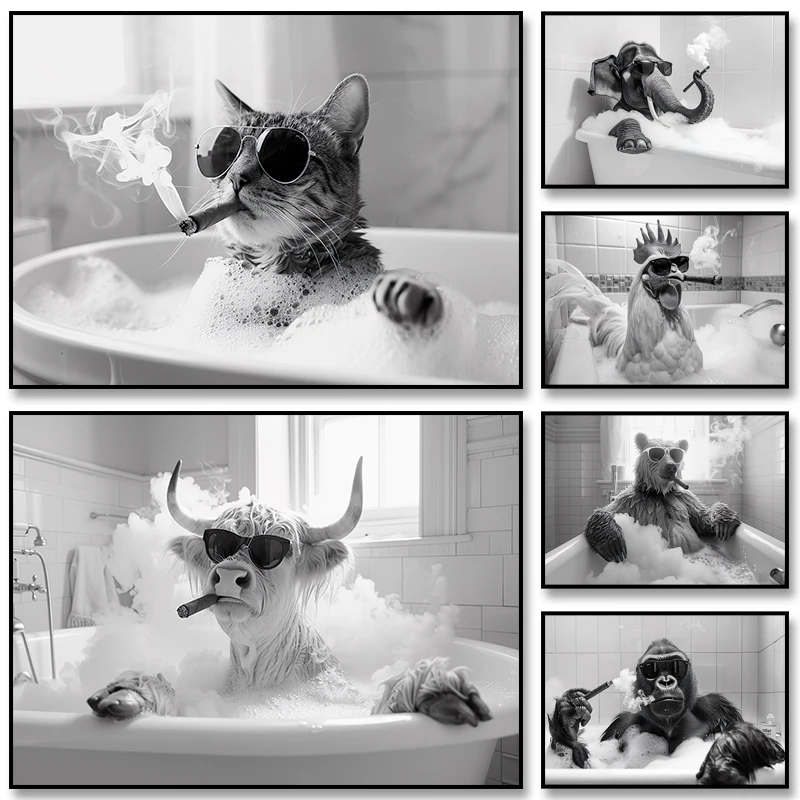 مضحك الحمام المشارك خمر نمط الحيوان قماش اللوحة بارد الحيوان في حوض الاستحمام التدخين طباعة جدار صورة فنية للمنزل ديسمبر