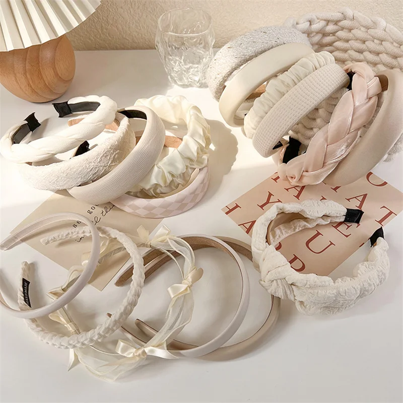 Spring New Beige Series Cream Headband Women Cloth Cortex Headband Girls Wide Bezel Hairband Hair Hoop Fashion Hair Accessories