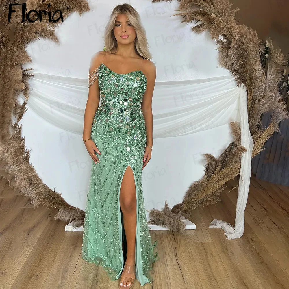 Vestido de festa verde couture com lantejoulas prateadas, Pescoço Chic Boat, Vestidos de Baile com fenda lateral, Vestidos Dubai Dinner, Personalizado, Luxo, Verde