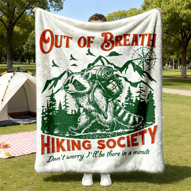 Out of Breath Hiking Society Flannel Blanket, Hiking Raccoon Flannel Throw