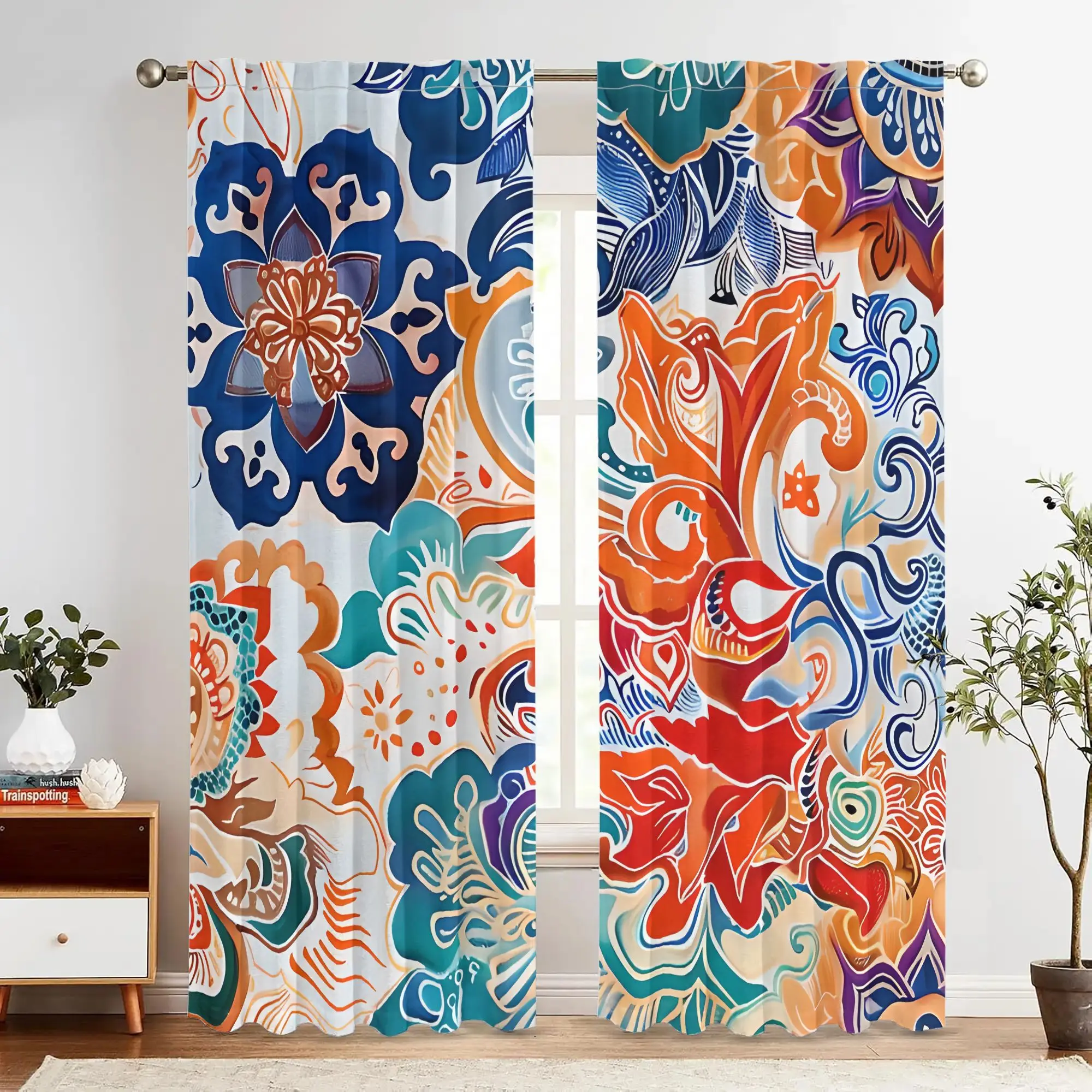 

Abstract floral pattern of mandala Print Drapes Room Darkening Window Curtains Home Decor,Rod Pocket Blackout Curtains Bedroom