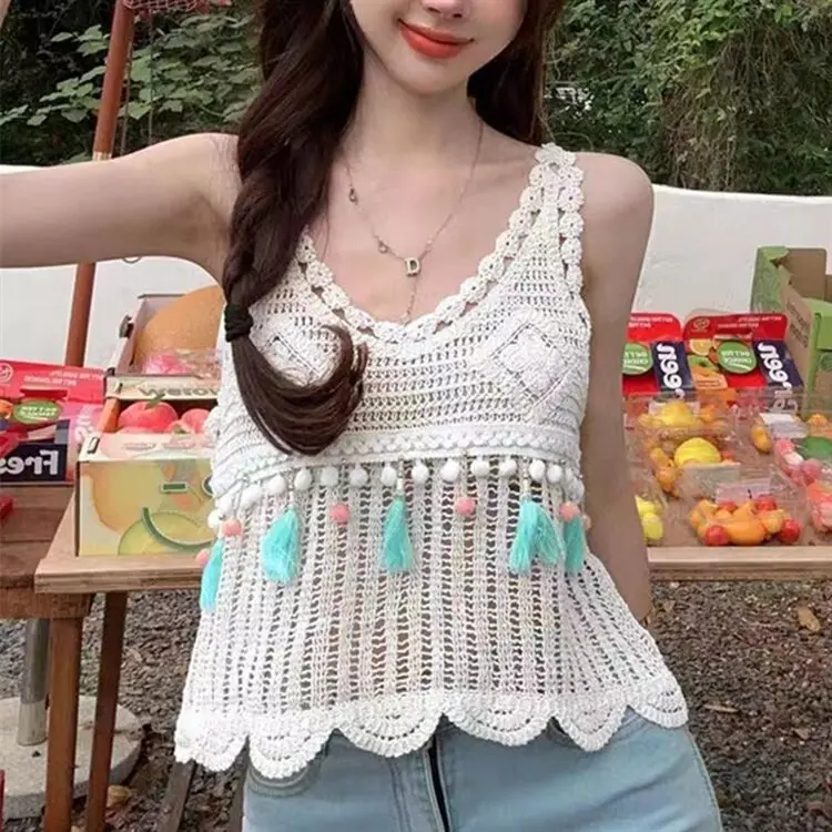 Sleeveless Crochet Top Embroidery Lace Fringed Pompom Open-knit Blouse Crop Tanks and Camis Women Summer Boho Vacation Outfit