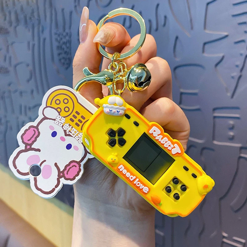 Cartoon Yellow Need Love Rabbit Game Console Key Chain Cute Children Puzzle Mini Handheld Creative Fun Keyring Decompression Toy