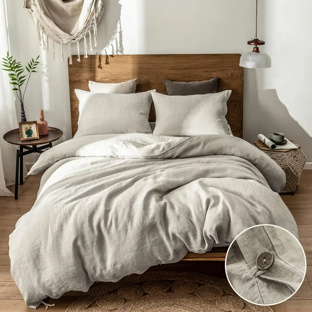 

100% Linen Duvet Cover Set, 3 Pieces Belgian Flax Breathable Bedding, 1 Comforter Cover+2 Pillowshams with Coconut Button