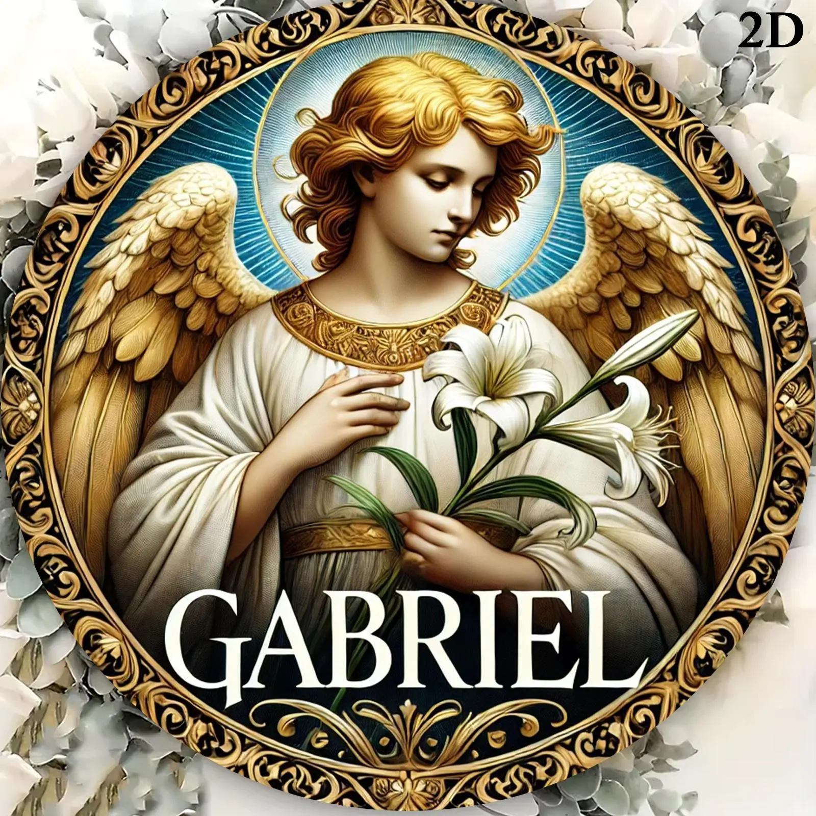 High Definition Custom Metal Wall Art Print Archangel Gabriel Lily Ornate Golden Frame Round Sign Wall Decor for Chapel Bedroom
