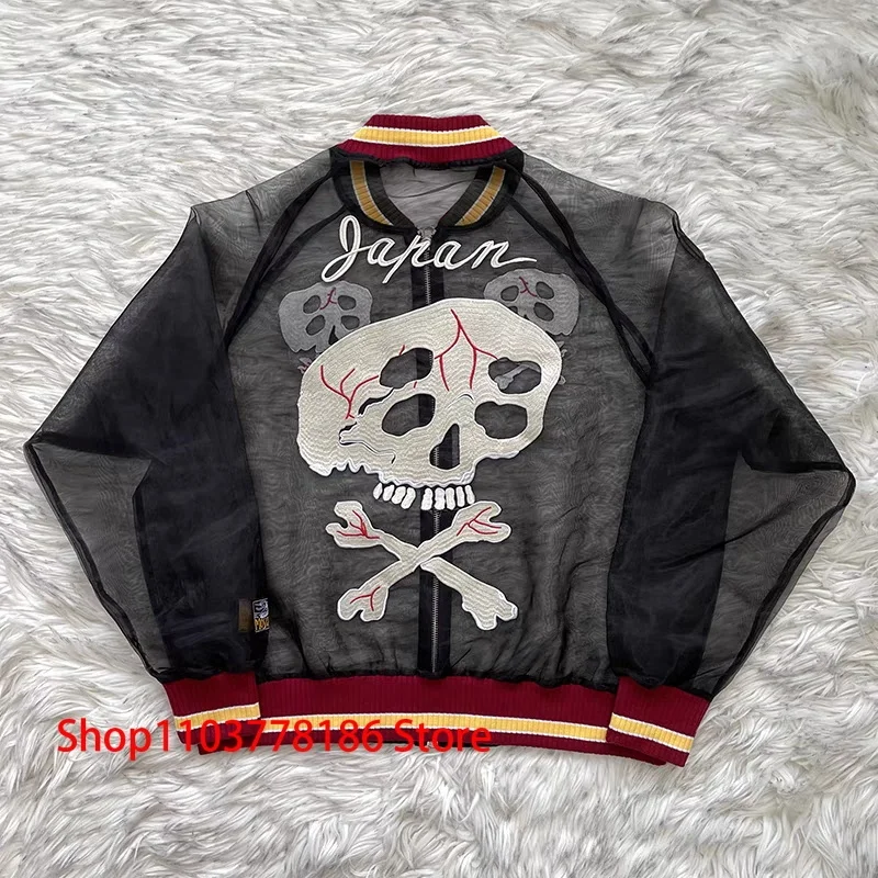 2024 Japan Fashion New KAPITAL Jacket Translucent Silk Skull Embroidery Sun Protection Zipper Coat Men Women Trendy Streetwear