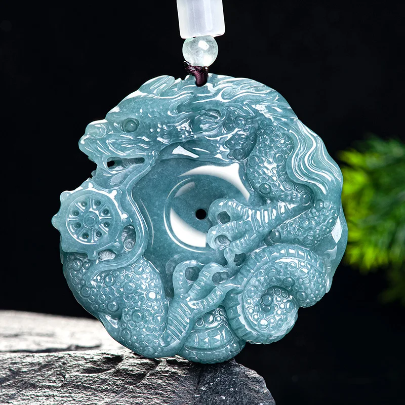 Natural A-grade Jade Blue Water Dragon King Safe Zodiac Brand Pendant Ice Seed Jadeite Men's Charms Women's Jewelry Drop Ship