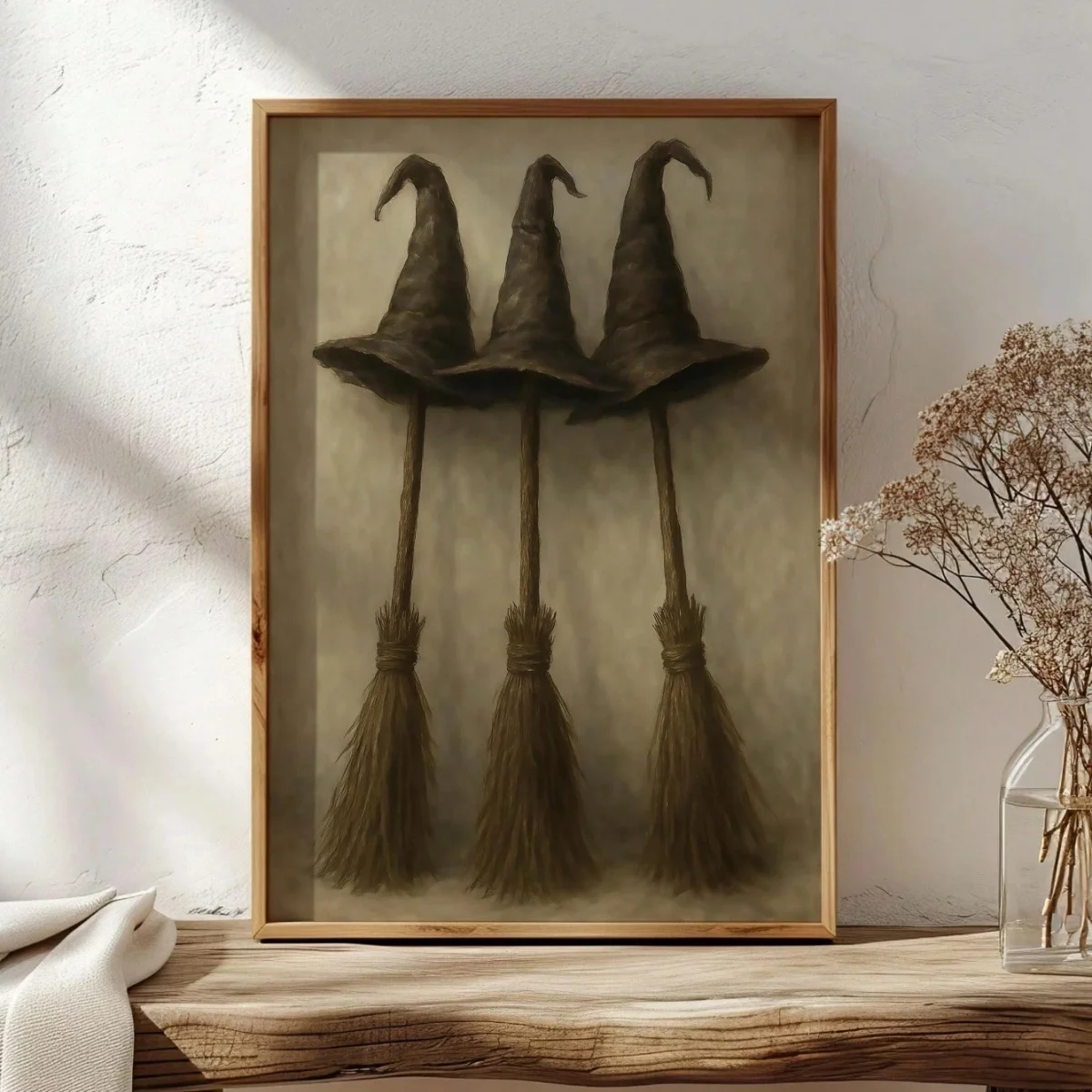 Vintage Witch Hats Broomsticks Canvas Print Poster Gothic Spooky Moody Academia Art Prints Bedroom Halloween Wall Art Home Decor