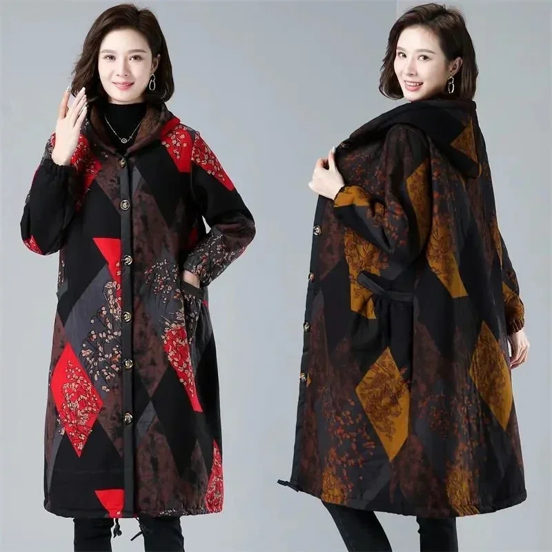 Mother's Winter Clothes Women 2023 Long Thickened Jacket Mother's Fleece Coat Hooded Basic Trench