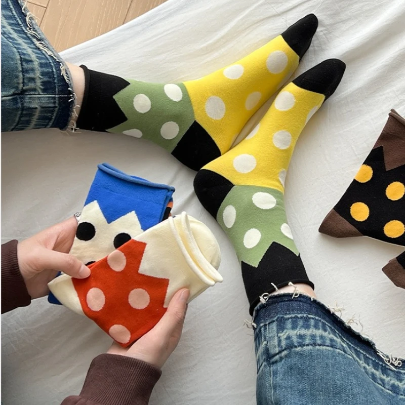5 أزواج من الجوارب المريحة ذات اللون الحلوى، جوارب متوسطة الطول، حواف ملفوفة، نقاط مطابقة الألوان، جوارب عصرية #5