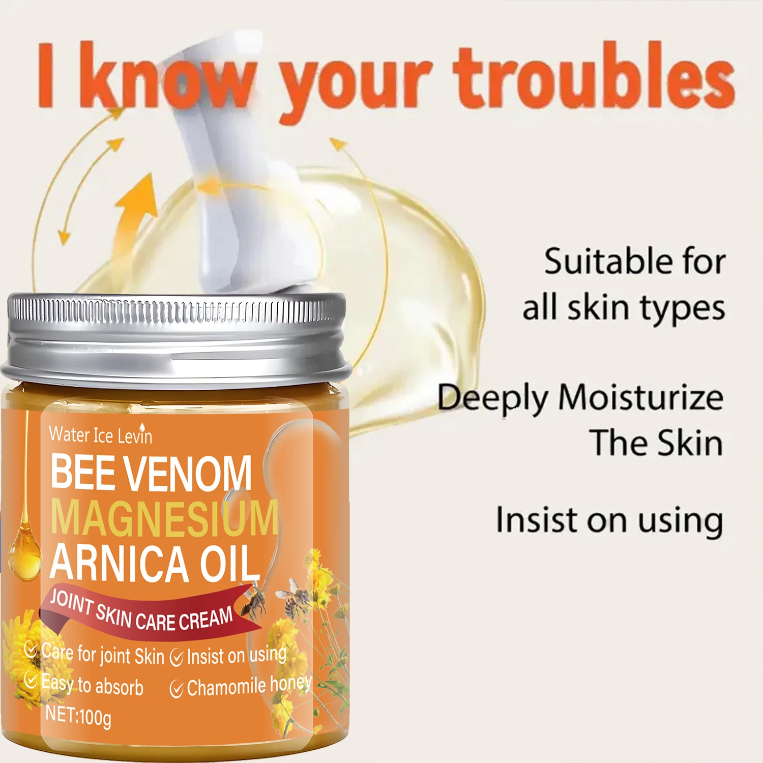 Bee Venom Magnesium Arnica Oil Joint Cream: Light, Easy-Absorb, Moisturizes/Protects, Chamomile Honey For Elastic Skin
