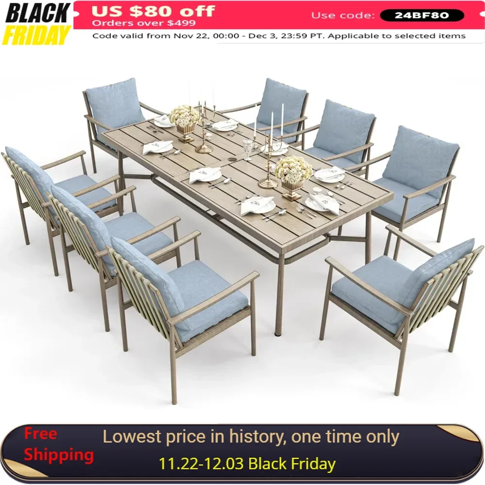 

9-Piece Patio Table and Chairs Set,8 Dining Chairs, 1 Large Rectangular Table with Umbrella Hole, Aluminum Outdoor Dining Set