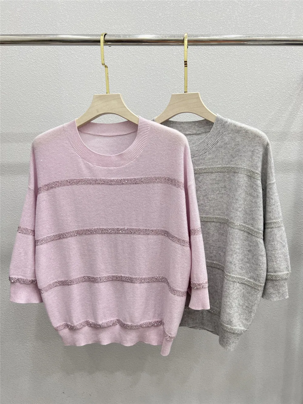 Spring/Summer 26 round Neck Striped Sequin Knitted Short Sleeve T-Shirt Casual Glitter Top for Women