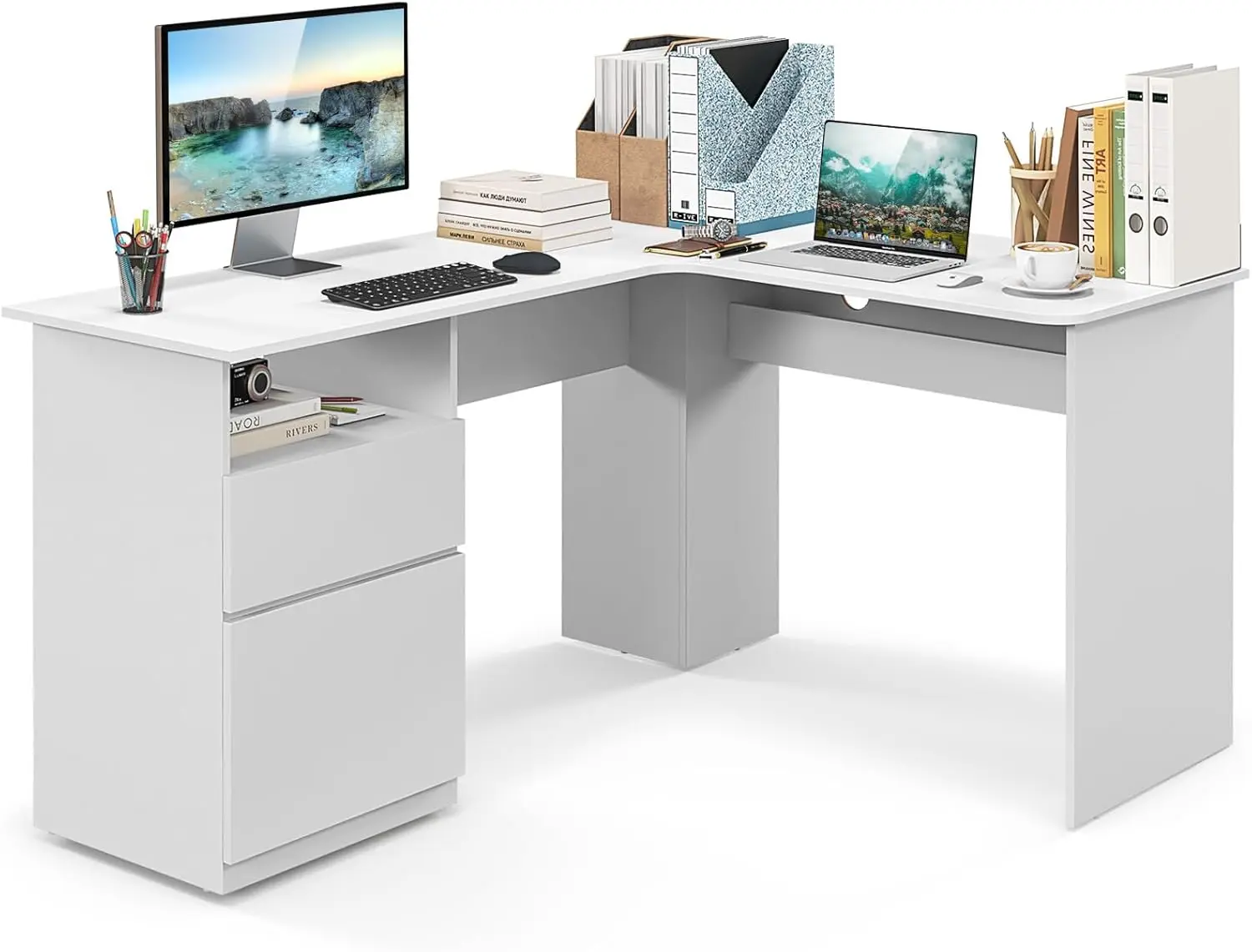 L-Shaped Computer Executive Desk with File Drawer & Open Shelf, 59” Corner Desk, White, 2 Storage Drawers&Cable Management Holes