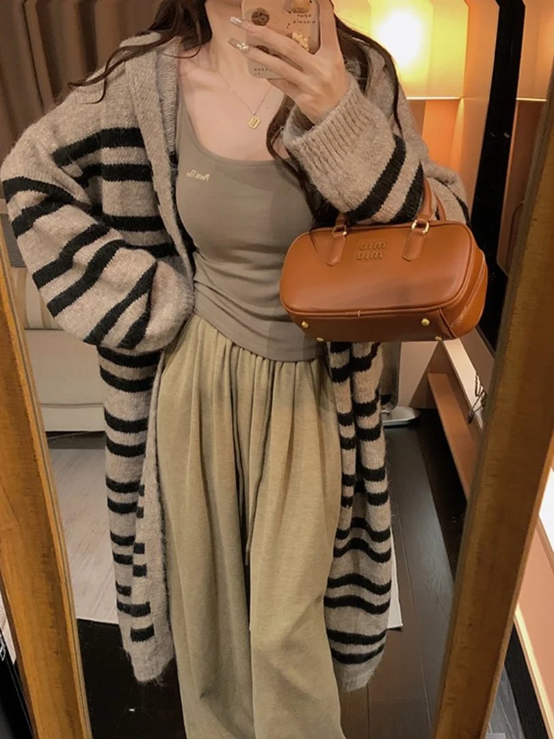 

Корейская длинная вязаная толстовка с капюшоном, женский свободный кардиган Lazy Sle, весенне-осенний полосатый свитер, верхняя одежда, удобная посадка