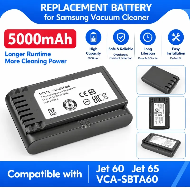 Replacement Battery for VCA-SBTA60 Vacuum Cleaner 75E Full Set Compatible with VS15A6031R4 VS15A6031R5