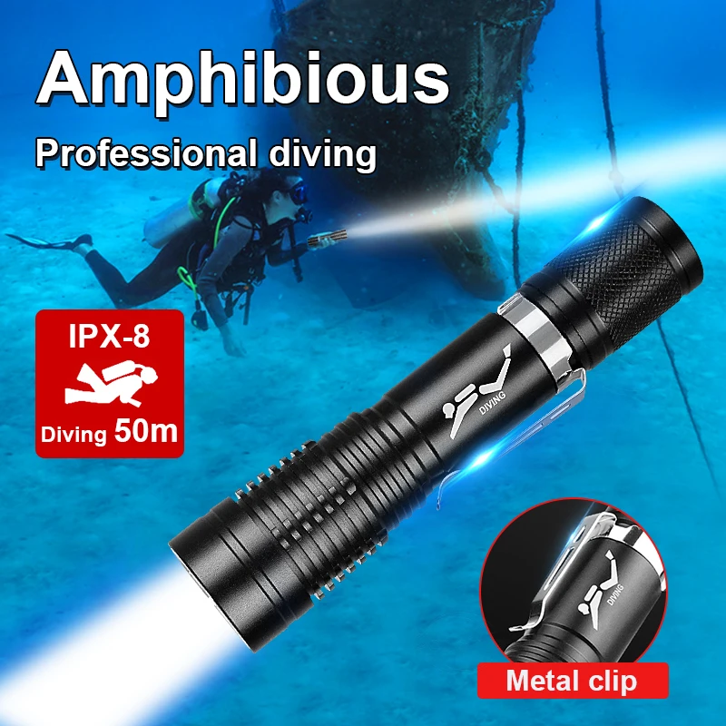 Professional Mini Diving Flashlight IPX8 Waterproof Underwater Light 3 Modes Portable Lamp With Clip Super Bright Lantern Diving