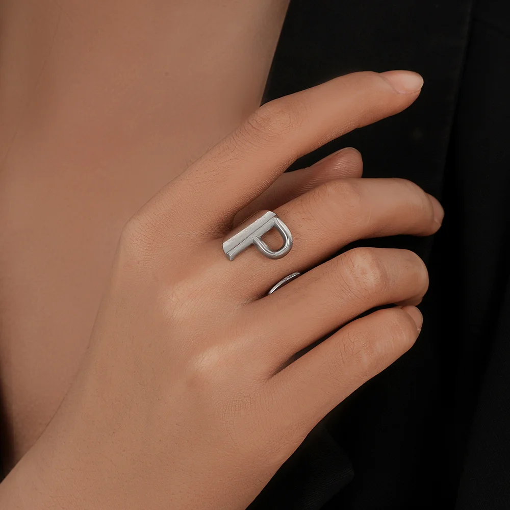 A-Z Letter Initial Name Ring Silver Color Stainless Steel Adjustable Opening 26 Alphabet Rings for Men Women Party Jewelry Gift