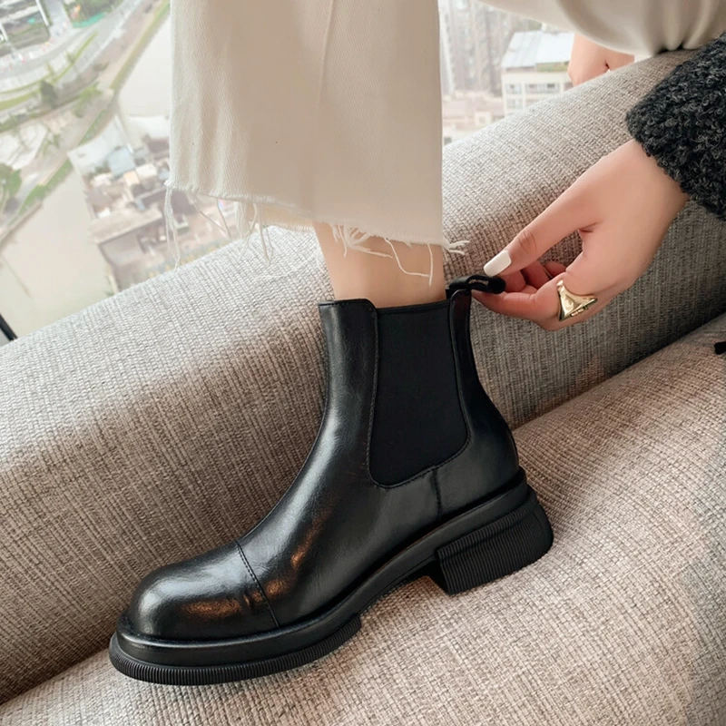 

NEW Fall/Winter Shoes Women Split Leather Ankle Boots Round Toe Chunky Shoes for Women Solid Chelsea Boots Leisure Black Boots