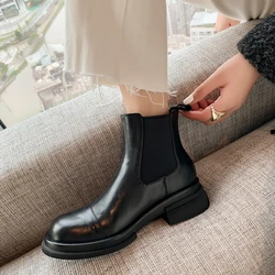 NEW Fall/Winter Shoes Women Split Leather Ankle Boots Round Toe Chunky Shoes for Women Solid Chelsea Boots Leisure Black Boots