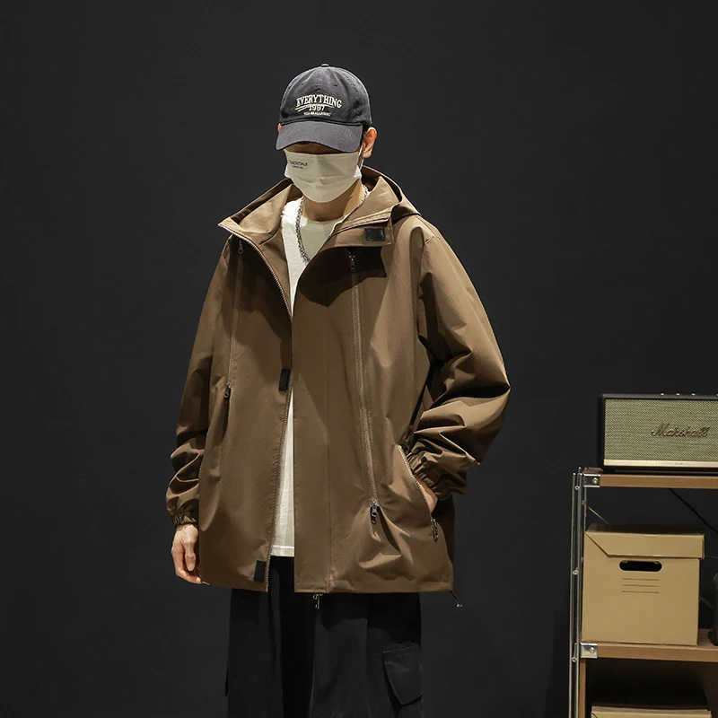 

Spring Autumn Men Oversized Jackets Red Khaki Red Blue Black Hooded Coat Outdoor Urban Style Outerwear Lightweight Clothings New