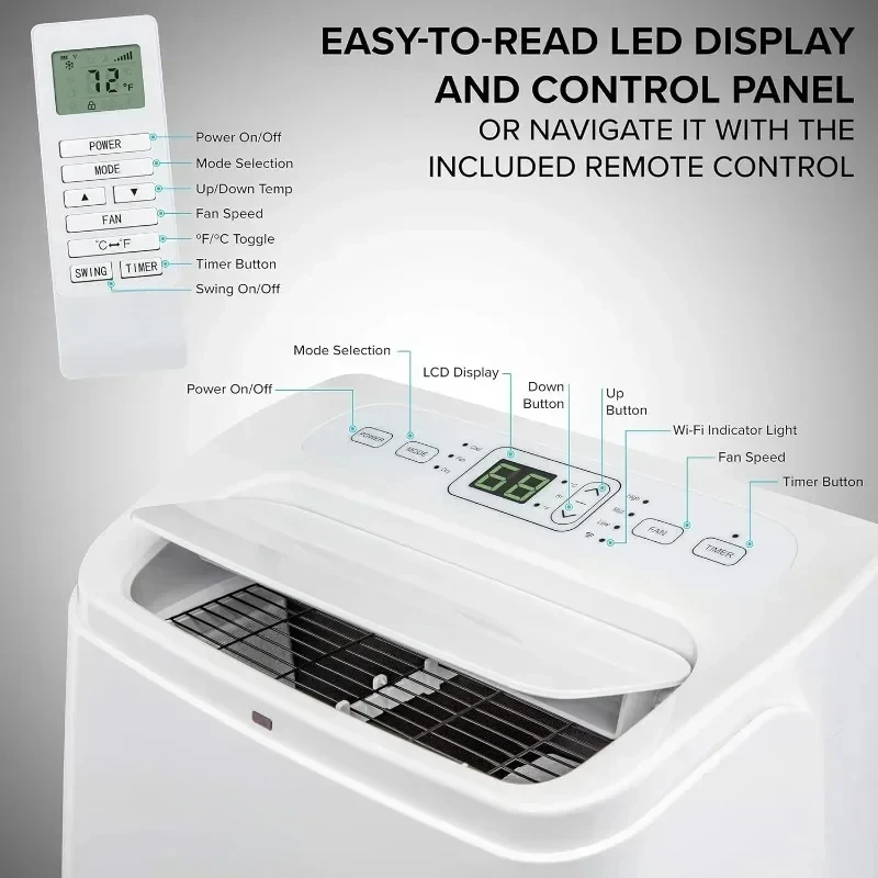 เครื่องปรับอากาศพกพา12,000 BTU พร้อม Wi-Fi สำหรับห้องพักลดความชื้นได้ถึง450ตร. ม. และท่อไอเสียระยะไกลพัดลม