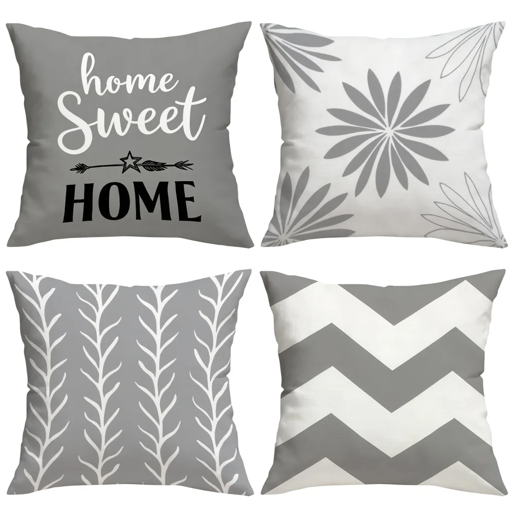 1PC 2D Flat Grey White Home Sweet Home Chevron Floral Throw Pillow Covers Non-real Embroidery, Machine Washable