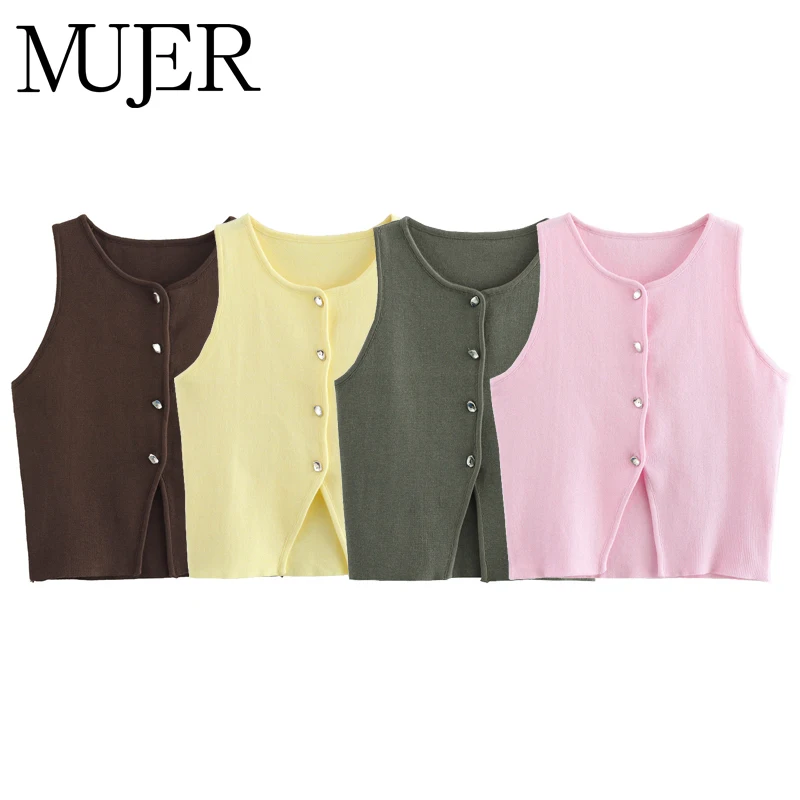 MUJER-Chaleco sin mangas de punto rosa para mujer, suéter recortado, Top, chalecos con botones amarillos, ropa de calle, chaleco, prendas de punto